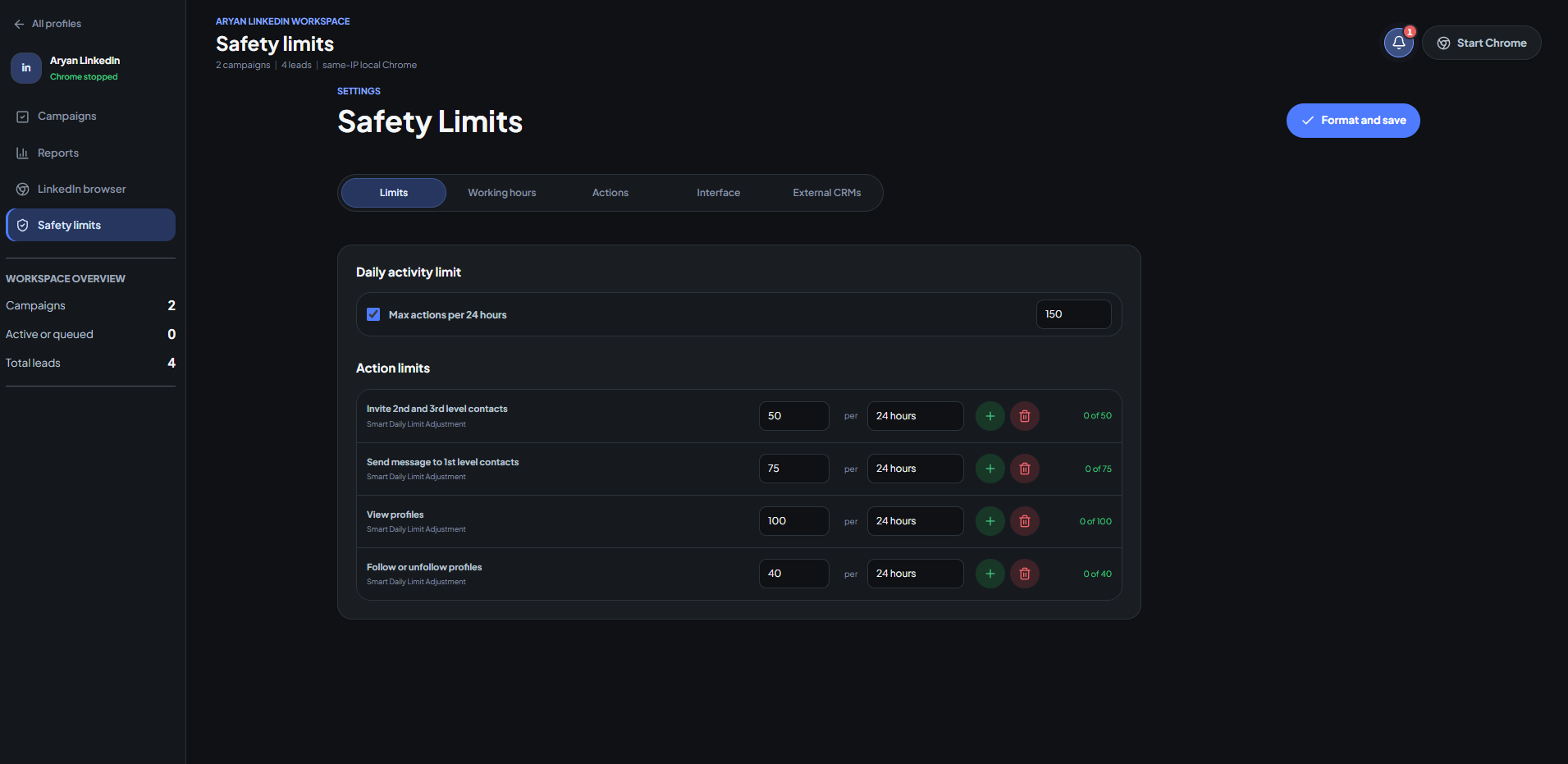 Safety limits with a daily cap and per-action ceilings