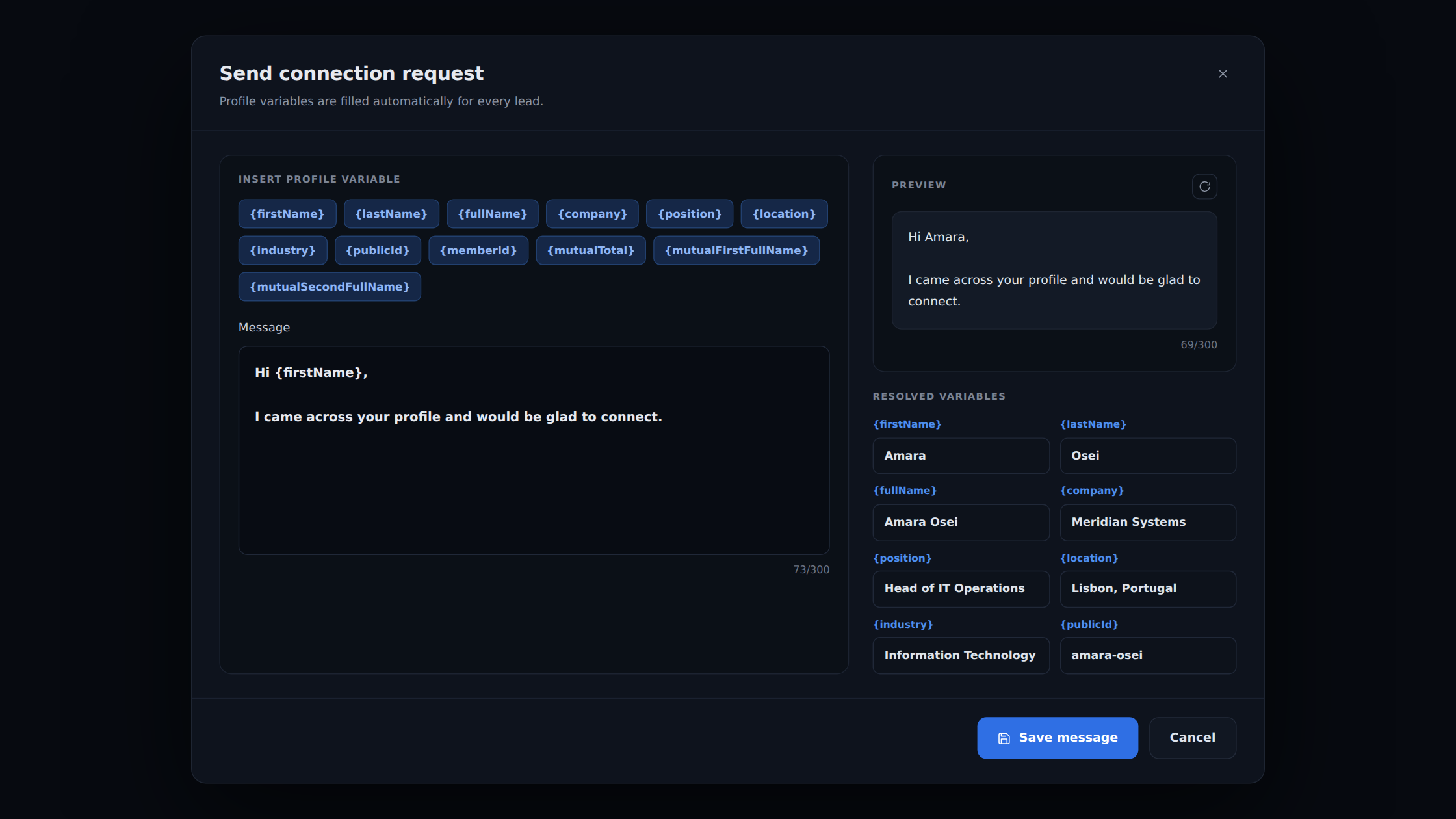 Message editor showing profile variables and their resolved values for one lead