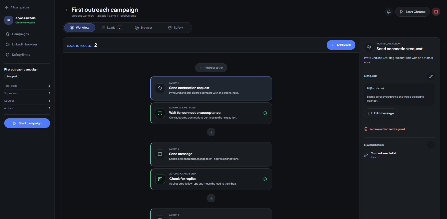 Workflow builder with action blocks each followed by an automatic safety step