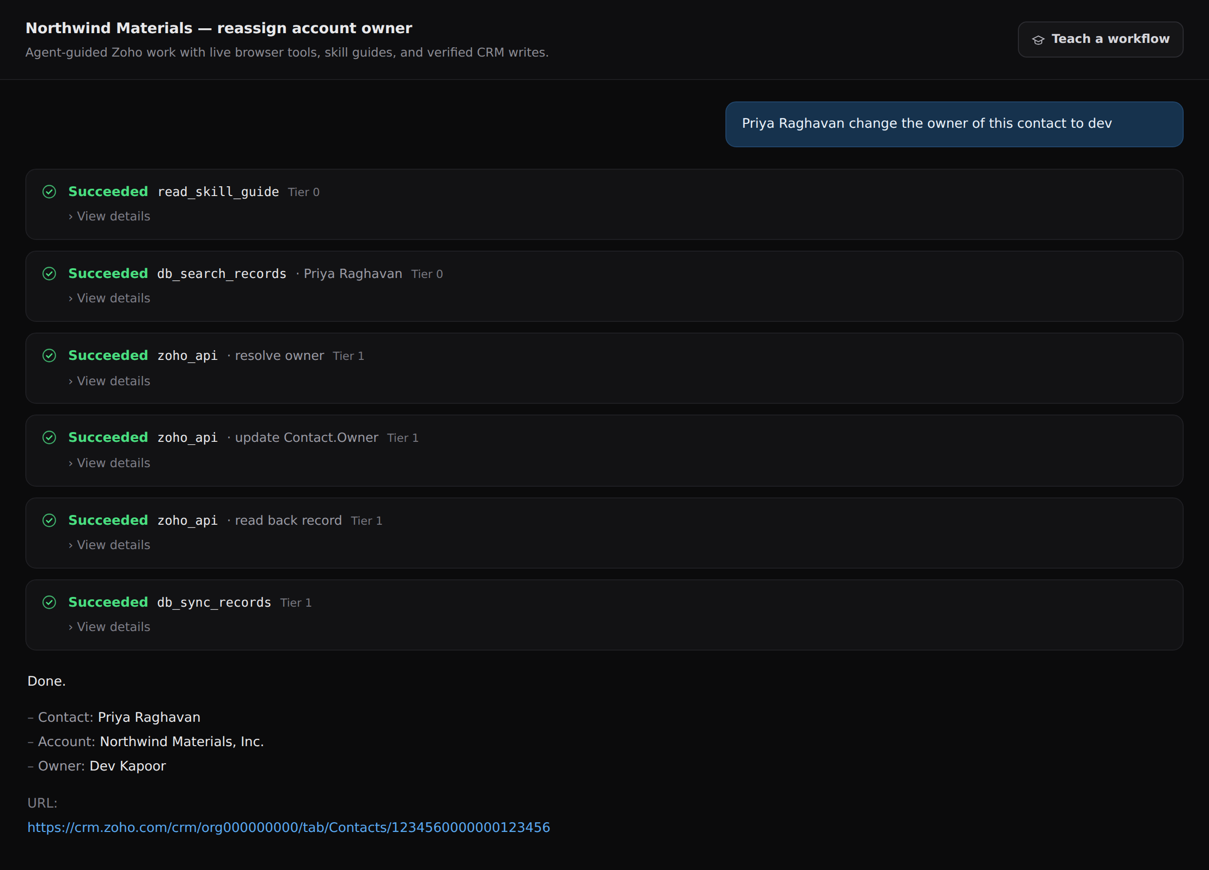 Agent run trace showing six tool calls and the verified result