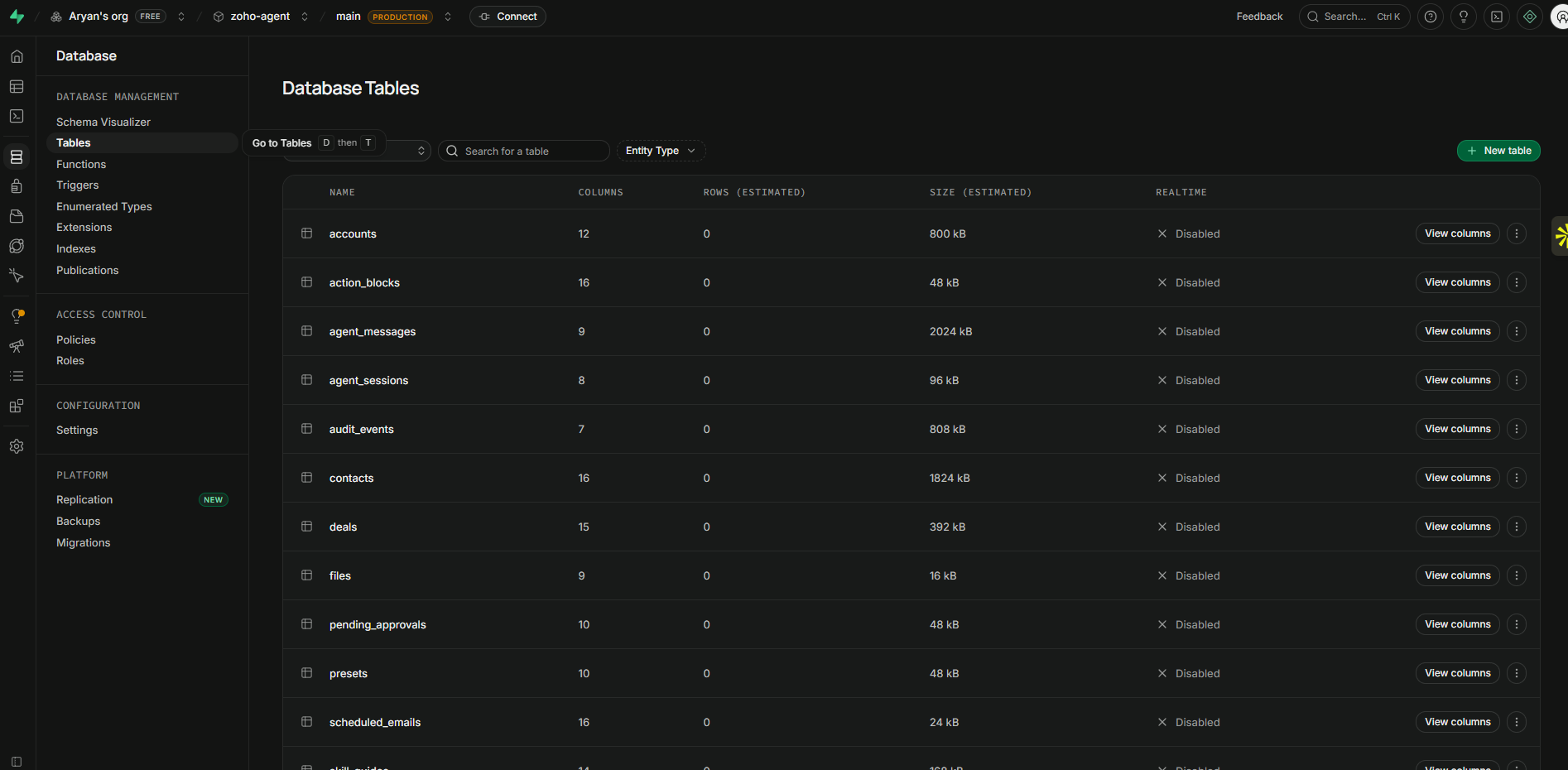 Database tables backing the agent, including pending approvals and audit events